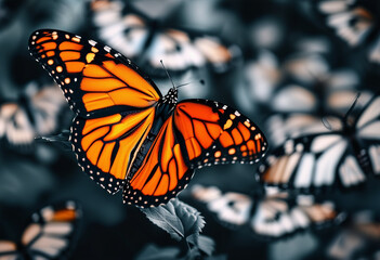 Wall Mural - Bright accent color colorful orange monarch butterfly on a background of black and white monarch but