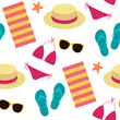 Beach seamless vector summer pattern, beach towel, sunglasses, women's swimsuit, hat and flip-flops.
