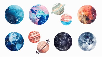 Wall Mural - Whimsical Watercolor Planets in Space Generative AI