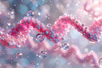 Poster - Close-up of a sparkling DNA helix structure surrounded by floating water droplets in a magical 3D illustration
