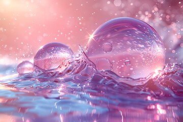 Poster - Vivid bubbles of water glisten on a reflective surface with hues of pink and blue creating a lively abstract scene