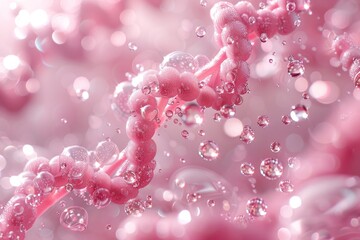 A rendered image of pink DNA double helix strands surrounded by tiny reflective bubbles in a suggestive biological close-up