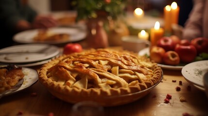 Poster - Thanksgiving family dinner. Traditional apple pie and vegan meal close up, with blurred happy people around the table celebrating the holiday.