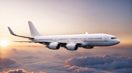 Wall Mural - Aircraft jet flying through the clouds passing the setting sun traveling by airplane Travel and airplane concept.