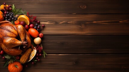 Poster - top view of a thanksgiving turkey on rustic wooden table with copy space.