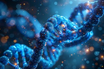 Poster - This visually stunning image captures a sparkling blue DNA helix, symbolizing the essence of life, in a detailed and artistic manner with a bokeh background