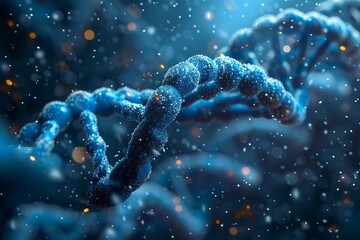 Poster - Close-up image featuring a segment of a DNA strand with detailed particles and sparks, highlighting genetic complexity and beauty in blue hue