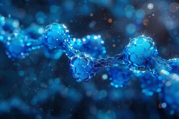 Poster - Blue-toned sphere molecular structure with connecting lines and soft bokeh lights giving it depth and detail