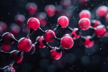 Poster - This image displays a 3d-rendered red and black molecular structure with a deep focus and a bokeh background