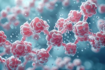 Poster - This image features a 3D rendering of blue molecules interconnected with bubbles, simulating a scientific concept at the molecular level