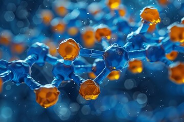 Poster - A highly detailed 3D rendering of complex molecules featuring distinct orange hydrogen atoms and a deep blue backdrop