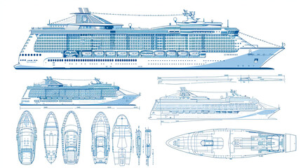 Isolated blue print of cruise ship isolated on white background in a flat style. Blue print, sketch style, for cargo ship, high quality, clear features, side view