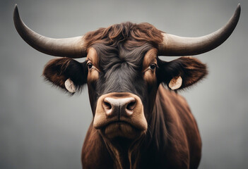Strongest dark brown bull with muscles and long horns portrait looking at camera isolated on clear b