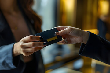 Wall Mural - a upclose businesswoman handing a another woman, a black card with a gold on it. They are in a classy environment that is gold.