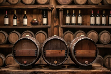 Wine barrels in wine vaults, Wine or whiskey barrels, French wooden barrels.