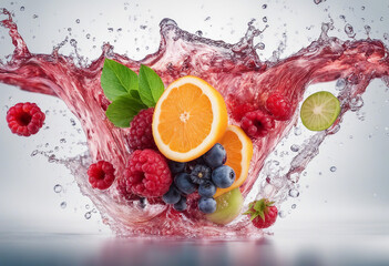 Wall Mural - Water swirl wave splash with falling mix berries and fresh fruits isolated on white background Tropi