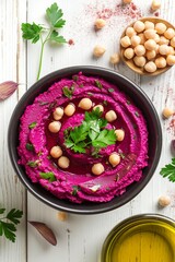 Wall Mural - Vibrant beetroot hummus garnished with parsley and chickpeas in a dark bowl