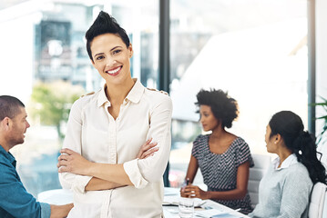 Aufkleber - Businesswoman, pride and smile in office in portrait with colleagues in boardroom for business meeting as team. Female person, confident and happy in company as project manager in publishing agency