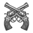 crossed vintage revolvers, rendered in high detail, symbolizing the old west and dueling times sketch engraving generative ai vector illustration. Scratch board imitation. Black and white image.