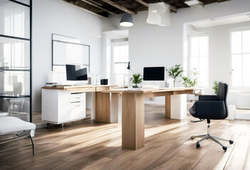 Wall Mural - 'corner office space open wooden white computer empty corporate interior furniture business window clean design modern desk building floor technology wall workplace bright new work chair'