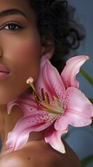 elegant beauty with a pink lily flower