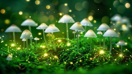 Sticker -   A group of white mushrooms sits atop a lush, green forest, teeming with numerous yellow fireflies