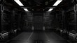 Futuristic sci-fi spaceship interior with illuminated panels and dark metal walls