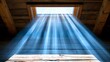   A radiant beam of light penetrates a wooden room, illuminating it through the window Wooden walls and beams refract beams of light that stream in