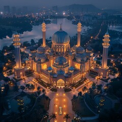 Poster - A large building lit up at night with a fountain in the middle. Generative AI.