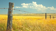   A Barbed-wire Fence Runs Through A Field Of Tall Grass, Surrounded By A Blue Sky Dotted With Clouds