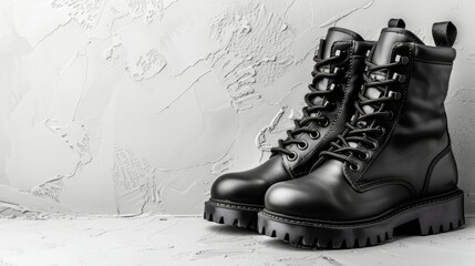 Sticker -   A pair of black combat boots atop a white counter, against a white wall backdrop