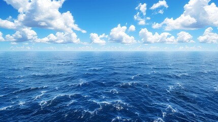   A large body of bright blue water is dotted with white clouds In the foreground and distant horizon, water waves ripple Above, the sky is adorned with these clouds