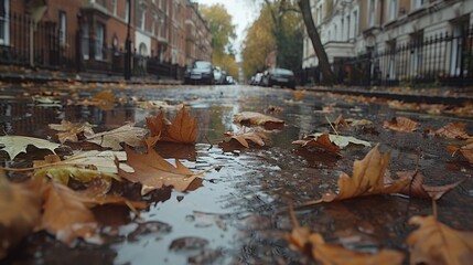 Wall Mural -   A damp street scattered with fallen leaves, a car stationed at roadside in the backdrop
