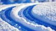   A tight shot of tire tracks imprinted in the snow, adorned with snowflakes atop and snow beneath
