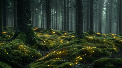 Wall Mural -   A forest teeming with expanses of green grass dotted with yellow fireflies; fireflies gleaming in the night sky