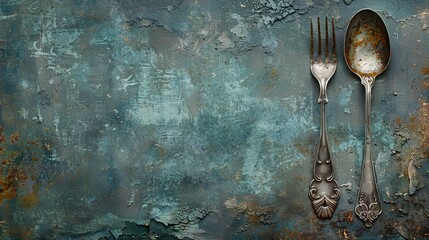 Wall Mural -   Two spoons and a fork rest atop a weathered metal surface, sporting shades of blue and rust, with flaking paint