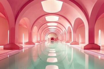 Wall Mural - A long pool with arches and windows in a building. Generative AI.