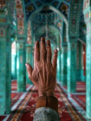 Canvas Print - A man reaching out his hand in a mosque with blue and green tiles. Generative AI.