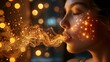   A woman, surrounded by numerous lights, smokes a cigarette with an ample plume of smoke escaping her mouth