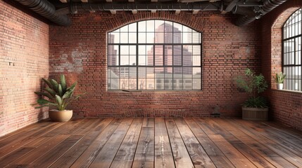 Wall Mural - A loft-style empty room featuring a spacious window, with wooden flooring and a contemporary brick wall design