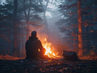 Sticker - A man sitting by a campfire in the woods. Generative AI.