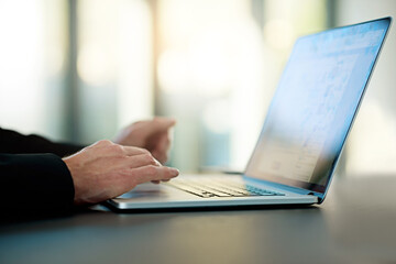 Poster - Hands, laptop and office for working, research and internet for online email. Data broker, technology and professional workplace for social network person, clients and company employee or manager