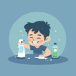 Cute young boy doing cleaning flat vector illustration