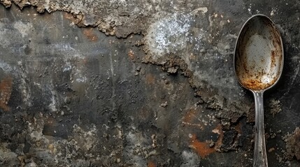 Canvas Print -   A rusted metal spoon atop a dirty concrete wall, adjacent to another, both boasting rusted handles