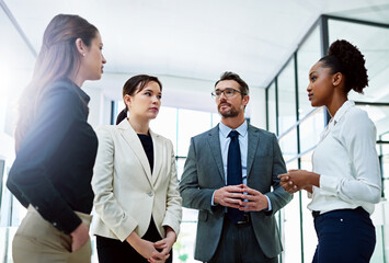 Aufkleber - Business people, serious and discussion with meeting in lobby for court case, planning and collaboration. Attorney, office and teamwork at law firm for communication, legal advice and feedback