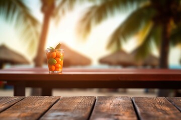 Poster - A photo of an empty wooden table with a tiki beach bar blurred background Generative AI