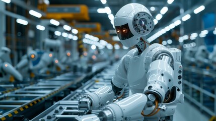 Poster - A robot is working on a conveyor belt in an industrial setting. Generative AI.