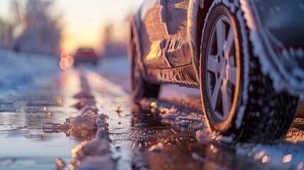 Poster - A car is covered in ice on a road. Generative AI.