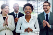 Applause, portrait and business woman with team in office for good news, achievement or goal. Happy, gratitude and group of financial advisors clapping hands for celebration with person in workplace.
