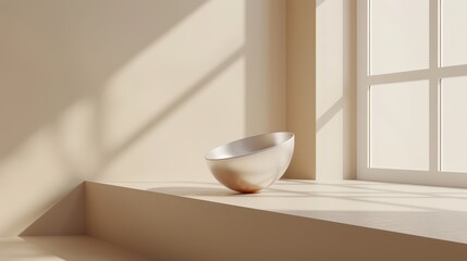 Poster -   A white bowl sits on a window sill, casting a shadow